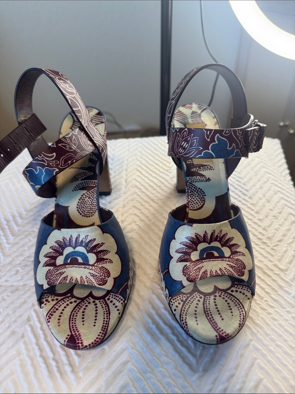 Valentino Garavani Navy Blue Multi Floral Block Heel Sandals
